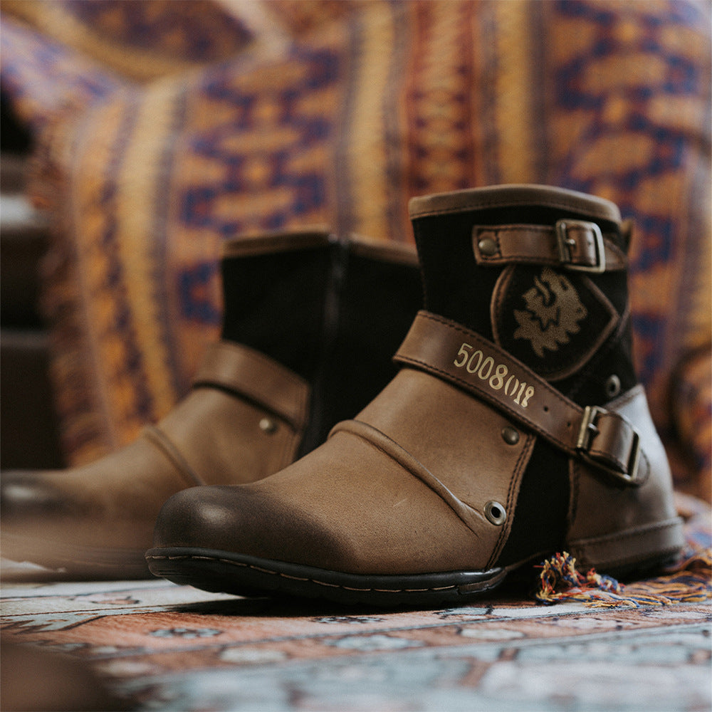 Men's Leather Vintage Buckle Side Zipper Boots