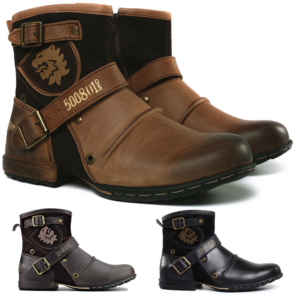 Men's Leather Vintage Buckle Side Zipper Boots