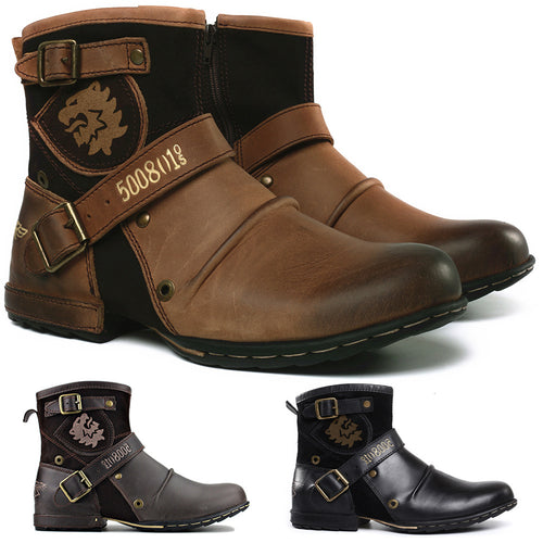 Men's Leather Vintage Buckle Side Zipper Boots
