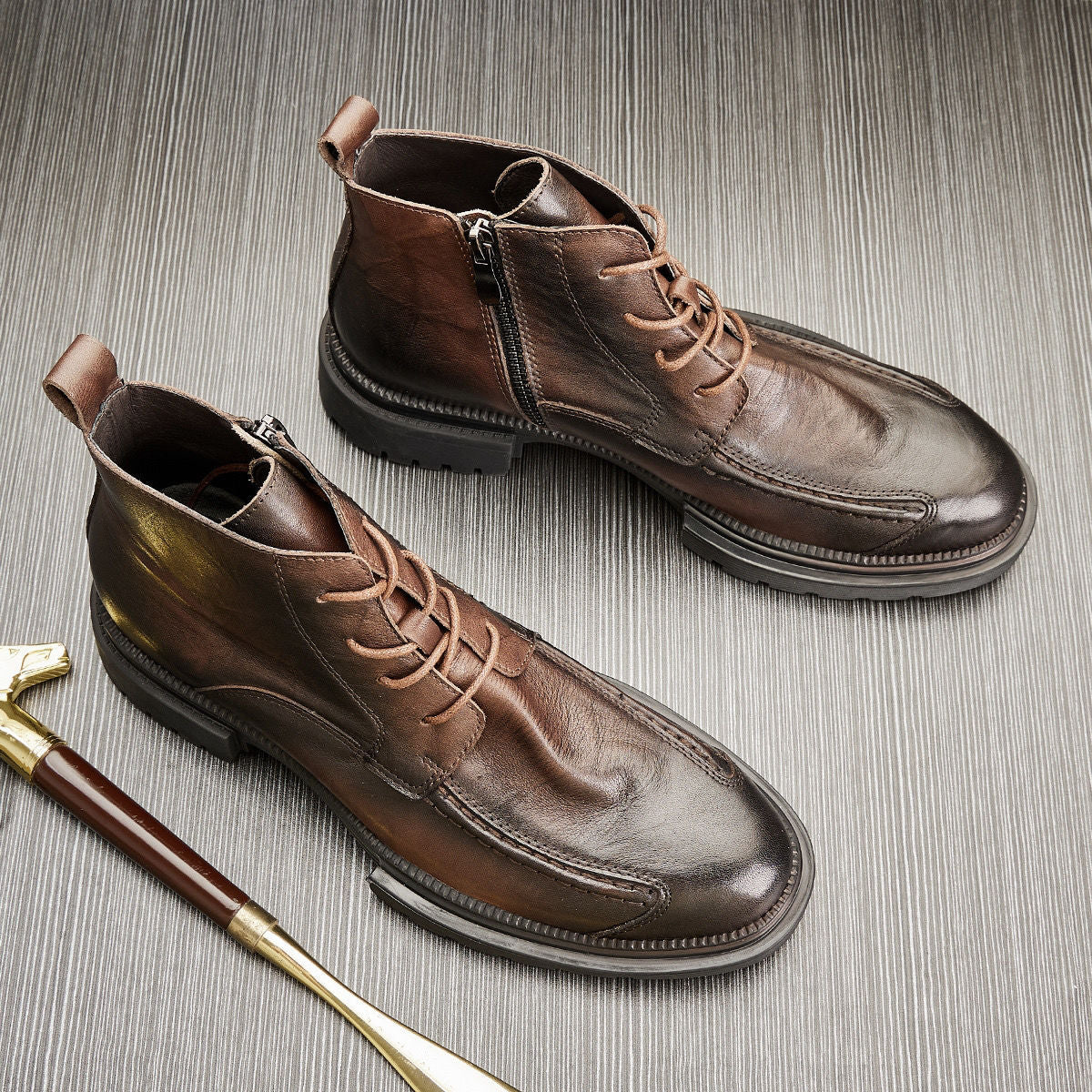 MEN'S GENUINE LEATHER ZIPPER SHORT THICK SOLE BOOTS