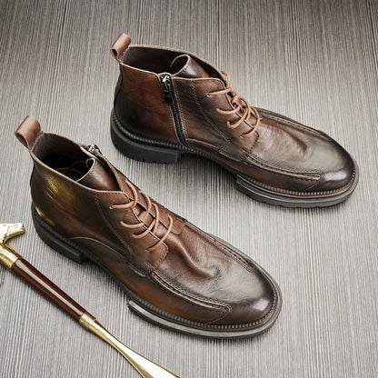 MEN'S GENUINE LEATHER ZIPPER SHORT THICK SOLE BOOTS