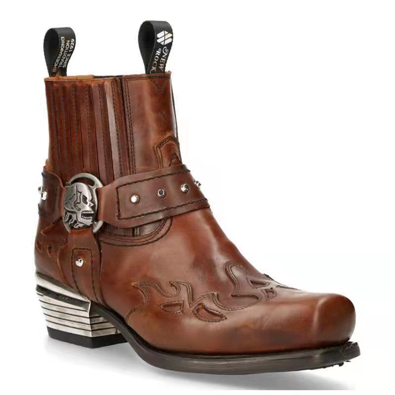 New Men's Ankle Boots With Embroidered Chunky Heel