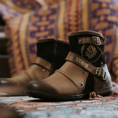 Men's Leather Vintage Buckle Side Zipper Boots