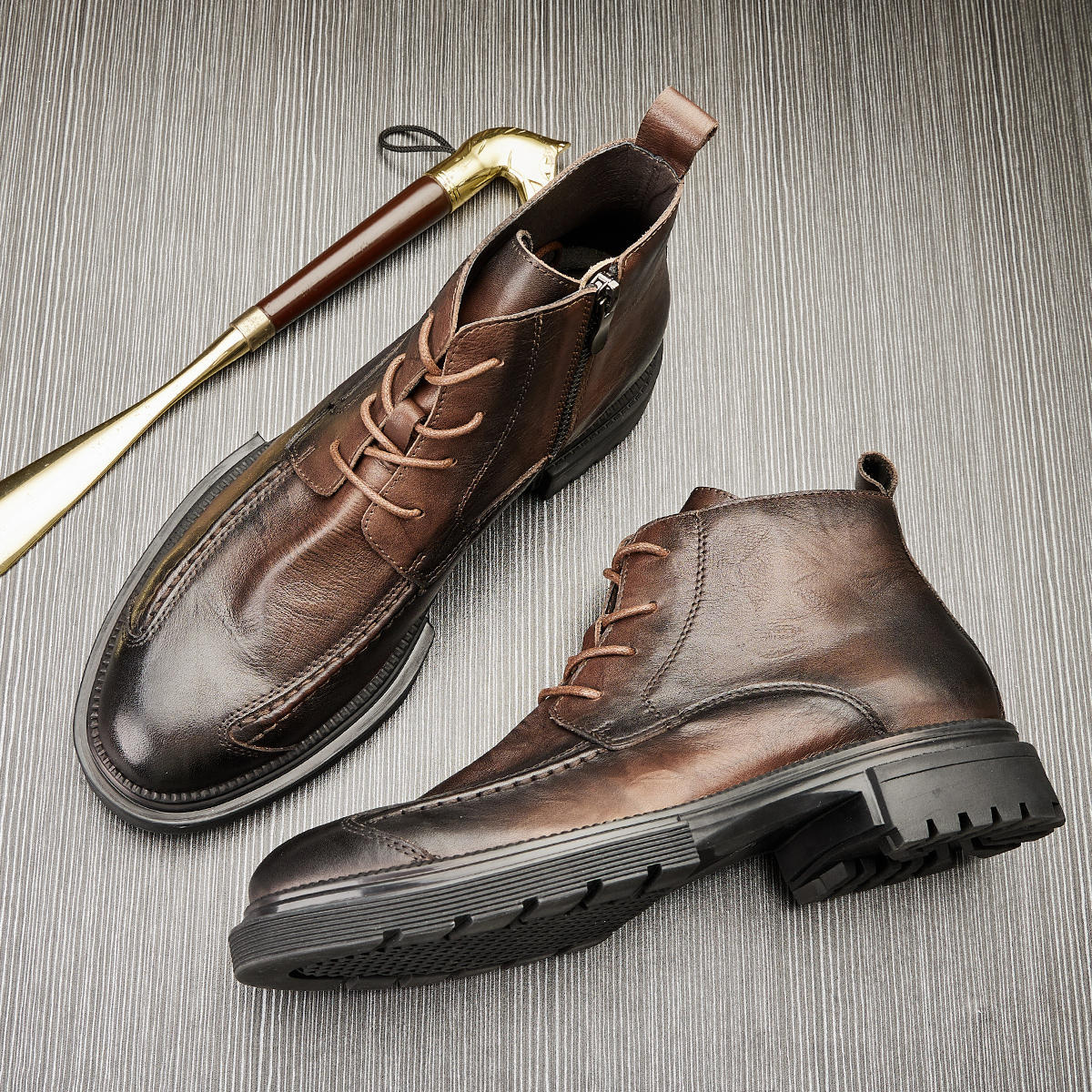 MEN'S GENUINE LEATHER ZIPPER SHORT THICK SOLE BOOTS