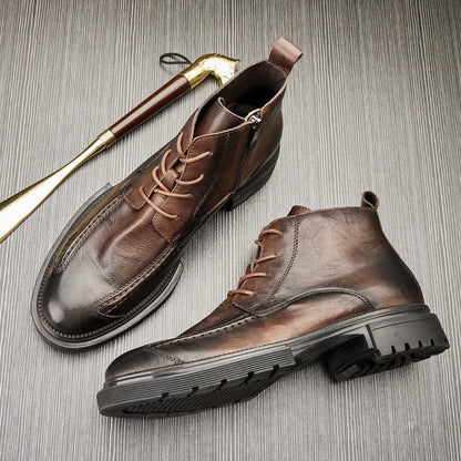 MEN'S GENUINE LEATHER ZIPPER SHORT THICK SOLE BOOTS