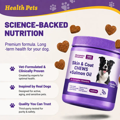 180ct Skin & Coat Salmon Oil Soft Chews for Dogs & Cats - Omega3, Biotin, Zinc & Vitamin E - Supports Healthy Skin, Shiny Coat, Itch Relief & Allergy Support Natural Chicken Flavor Chews