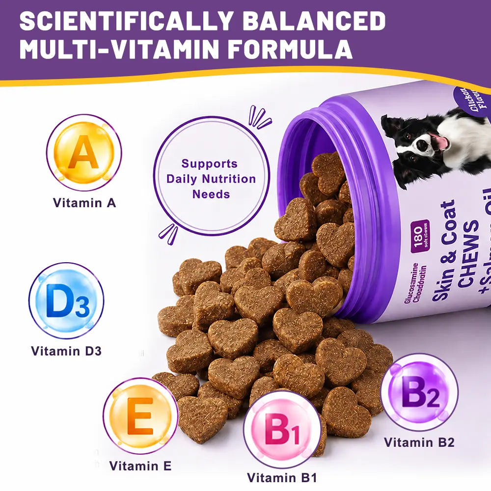 180ct Skin & Coat Salmon Oil Soft Chews for Dogs & Cats - Omega3, Biotin, Zinc & Vitamin E - Supports Healthy Skin, Shiny Coat, Itch Relief & Allergy Support Natural Chicken Flavor Chews