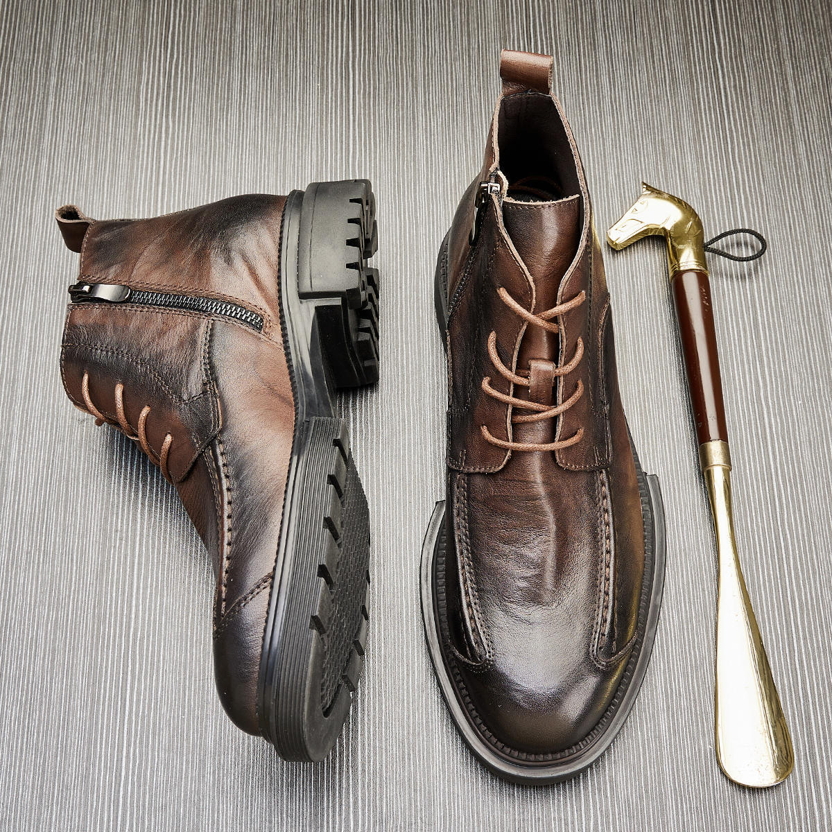 MEN'S GENUINE LEATHER ZIPPER SHORT THICK SOLE BOOTS