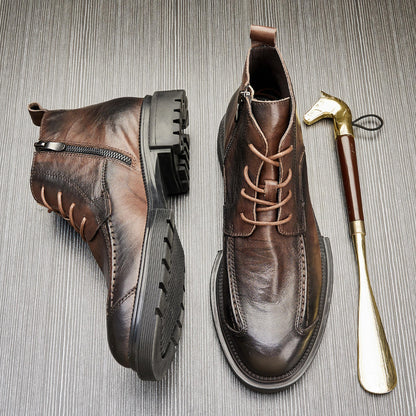 MEN'S GENUINE LEATHER ZIPPER SHORT THICK SOLE BOOTS