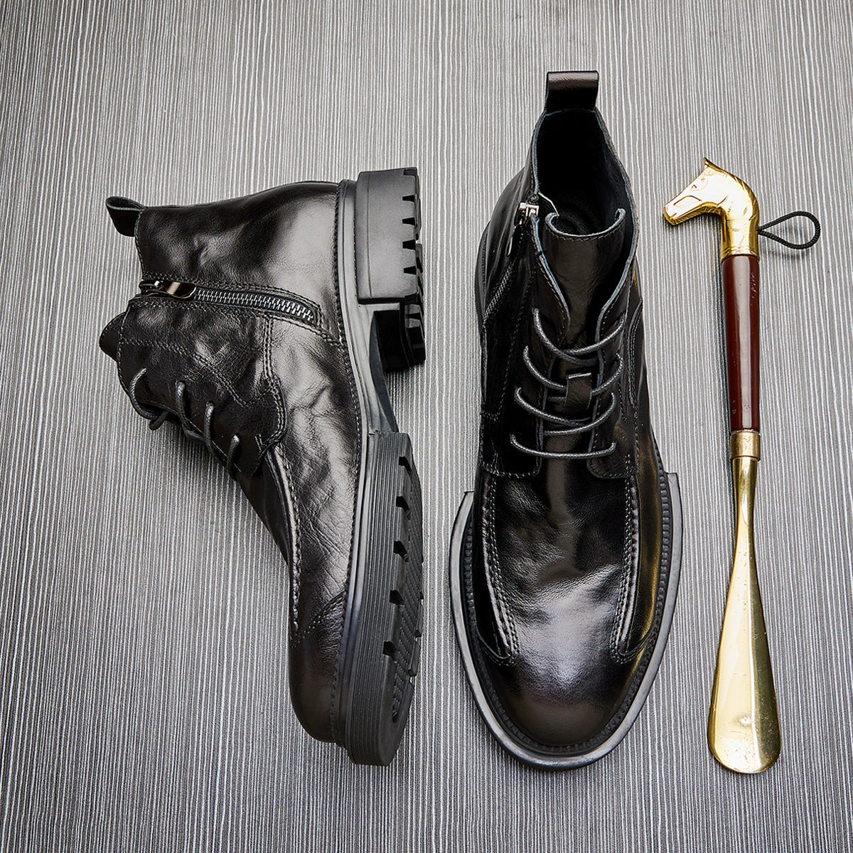 MEN'S GENUINE LEATHER ZIPPER SHORT THICK SOLE BOOTS