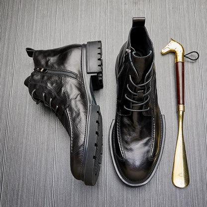 MEN'S GENUINE LEATHER ZIPPER SHORT THICK SOLE BOOTS