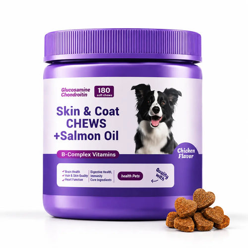 180ct Skin & Coat Salmon Oil Soft Chews for Dogs & Cats - Omega3, Biotin, Zinc & Vitamin E - Supports Healthy Skin, Shiny Coat, Itch Relief & Allergy Support Natural Chicken Flavor Chews