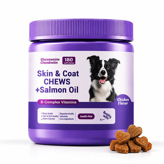 180ct Skin & Coat Salmon Oil Soft Chews for Dogs & Cats - Omega3, Biotin, Zinc & Vitamin E - Supports Healthy Skin, Shiny Coat, Itch Relief & Allergy Support Natural Chicken Flavor Chews
