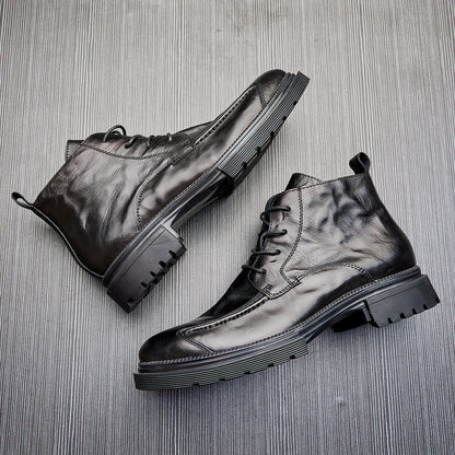 MEN'S GENUINE LEATHER ZIPPER SHORT THICK SOLE BOOTS