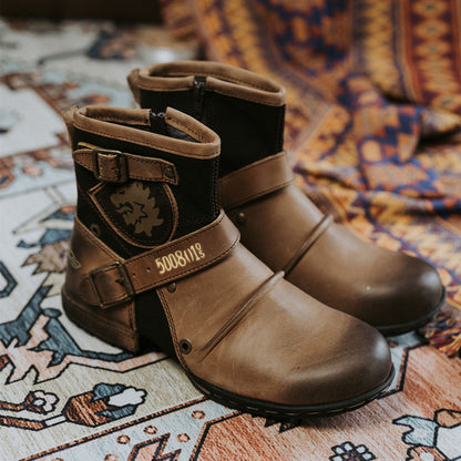 Men's Leather Vintage Buckle Side Zipper Boots