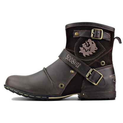 Men's Leather Vintage Buckle Side Zipper Boots