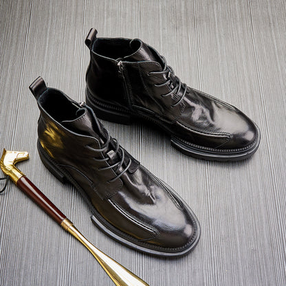 MEN'S GENUINE LEATHER ZIPPER SHORT THICK SOLE BOOTS