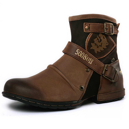 Men's Leather Vintage Buckle Side Zipper Boots