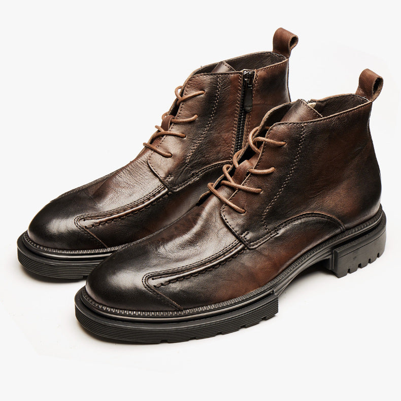 MEN'S GENUINE LEATHER ZIPPER SHORT THICK SOLE BOOTS
