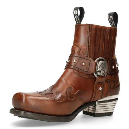 New Men's Ankle Boots With Embroidered Chunky Heel